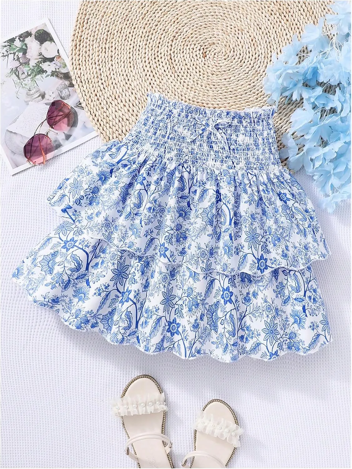 Girl's Tiered Layer Shirred Boho Smocked Skirts Casual Cute High Waisted Pleated Ruffle Flowy Elastic Skirts