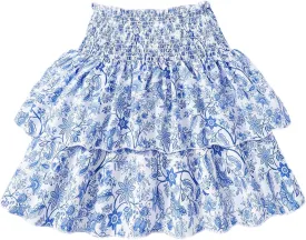 Girl's Tiered Layer Shirred Boho Smocked Skirts Casual Cute High Waisted Pleated Ruffle Flowy Elastic Skirts