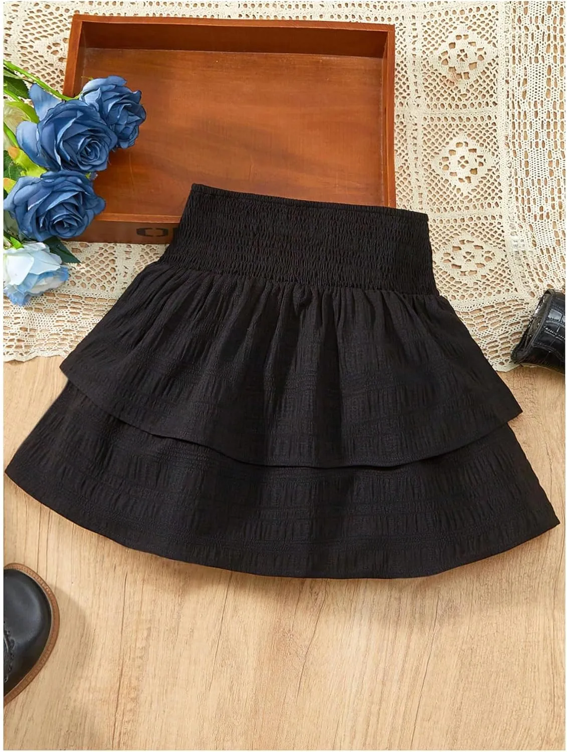 Girl's Tiered Layer Shirred Boho Smocked Skirts Casual Cute High Waisted Pleated Ruffle Flowy Elastic Skirts