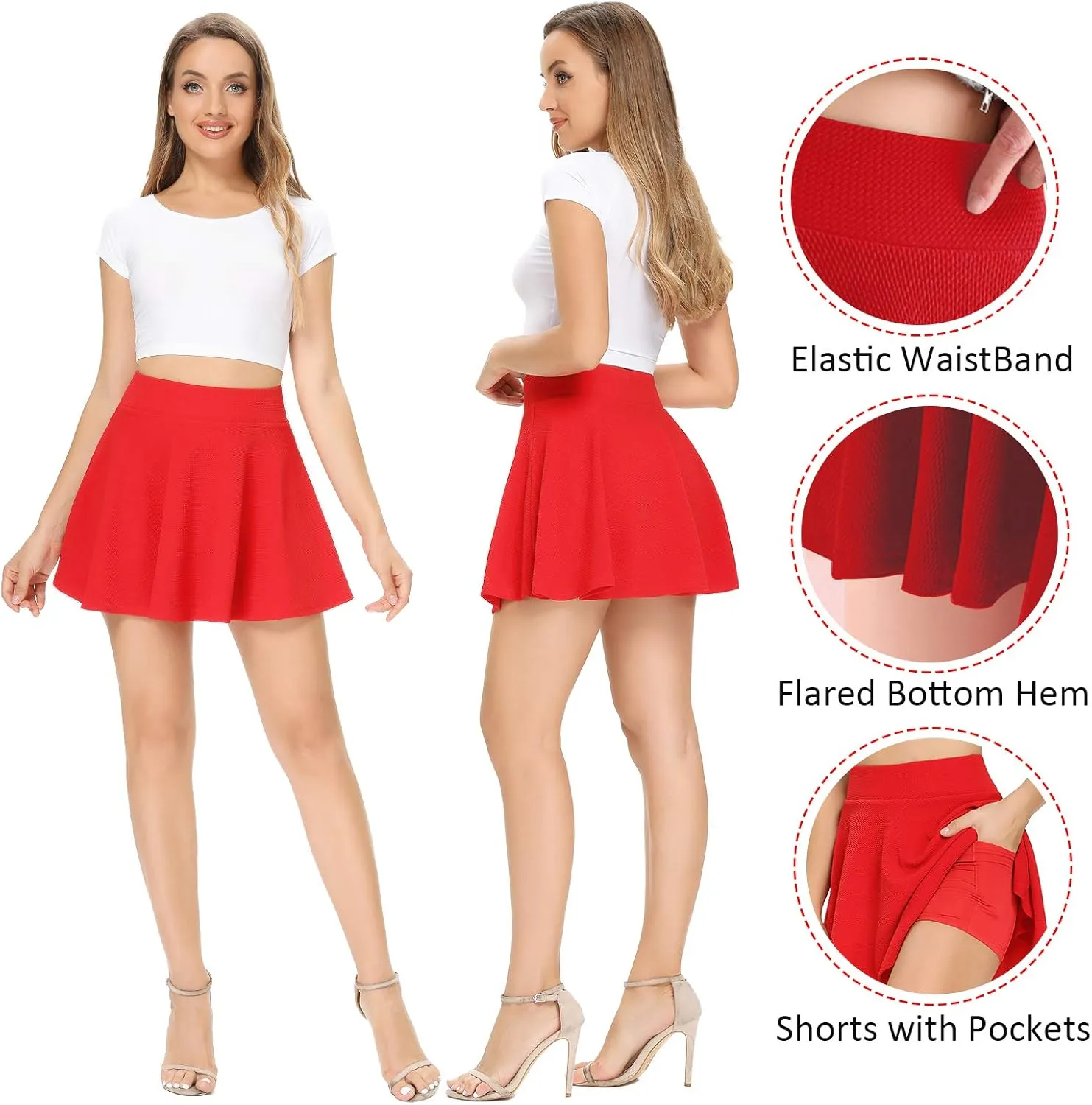 High Waisted Pleated Skirts for Women Skater Tennis Skirt with Shorts Pockets Mini A-Line Skirt