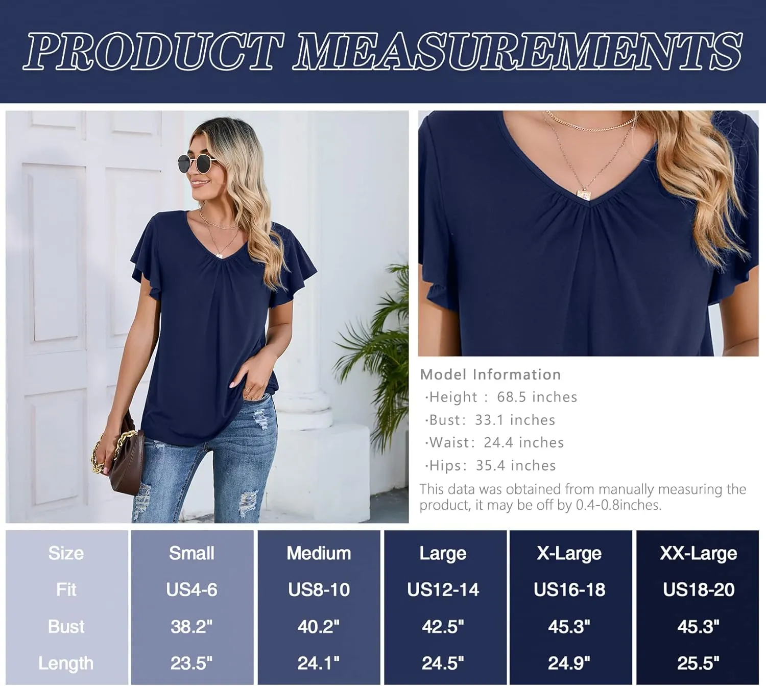 Iandroiy Women's Casual Shirred V-Neck Top Ruffle Short Sleeve Shirts Basic Pleated Top