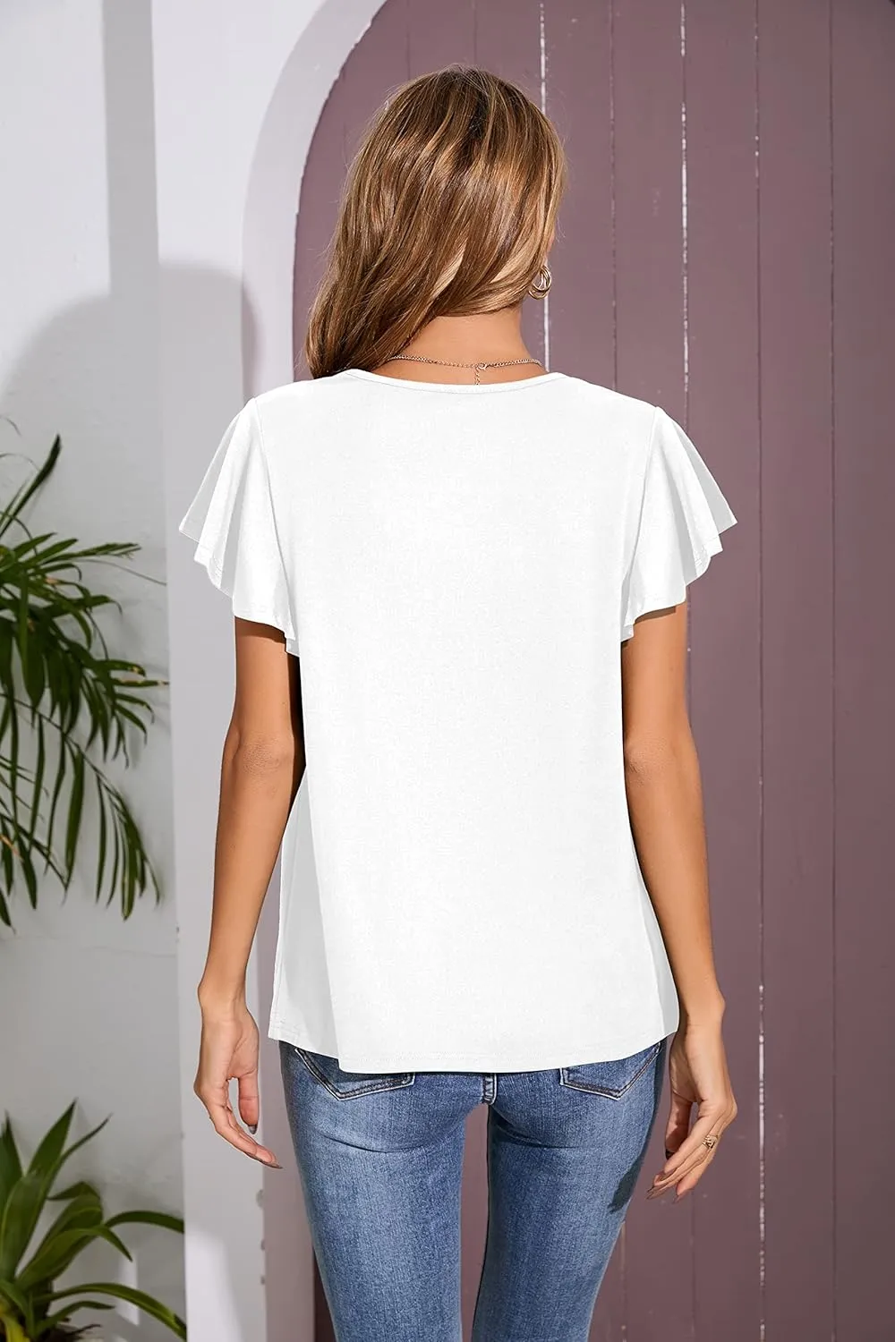 Iandroiy Women's Casual Shirred V-Neck Top Ruffle Short Sleeve Shirts Basic Pleated Top