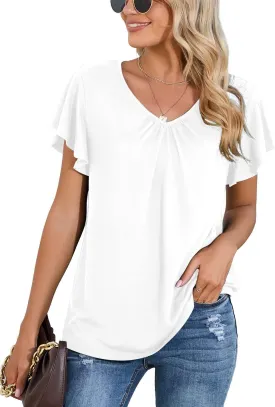 Iandroiy Women's Casual Shirred V-Neck Top Ruffle Short Sleeve Shirts Basic Pleated Top