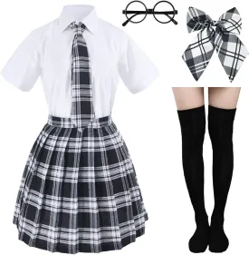 Japanese Tartan Pleated School Uniform Cosplay Costumes with Socks Eyeglass Frame Set