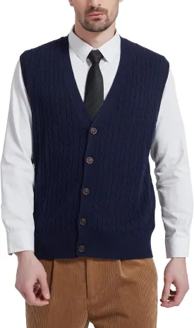 Kallspin Men's Cable Knit Sweater Vest Wool Blend V Neck Button Down Sleeveless Cardigan Vest