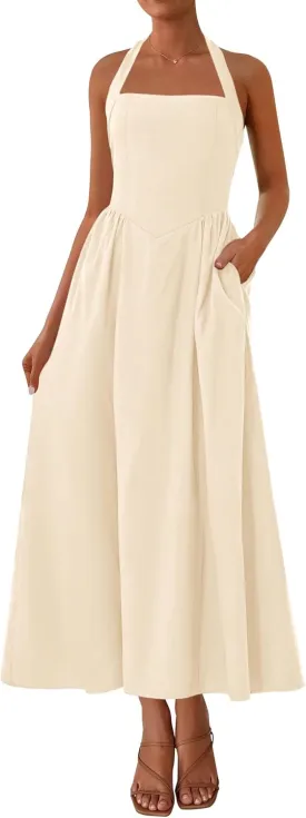 KIRUNDO Women Summer Sleeveless Halter Maxi Dress Sundress 2025 Casual Flowy Wedding Guest Cocktail Beach Vacation Dresses