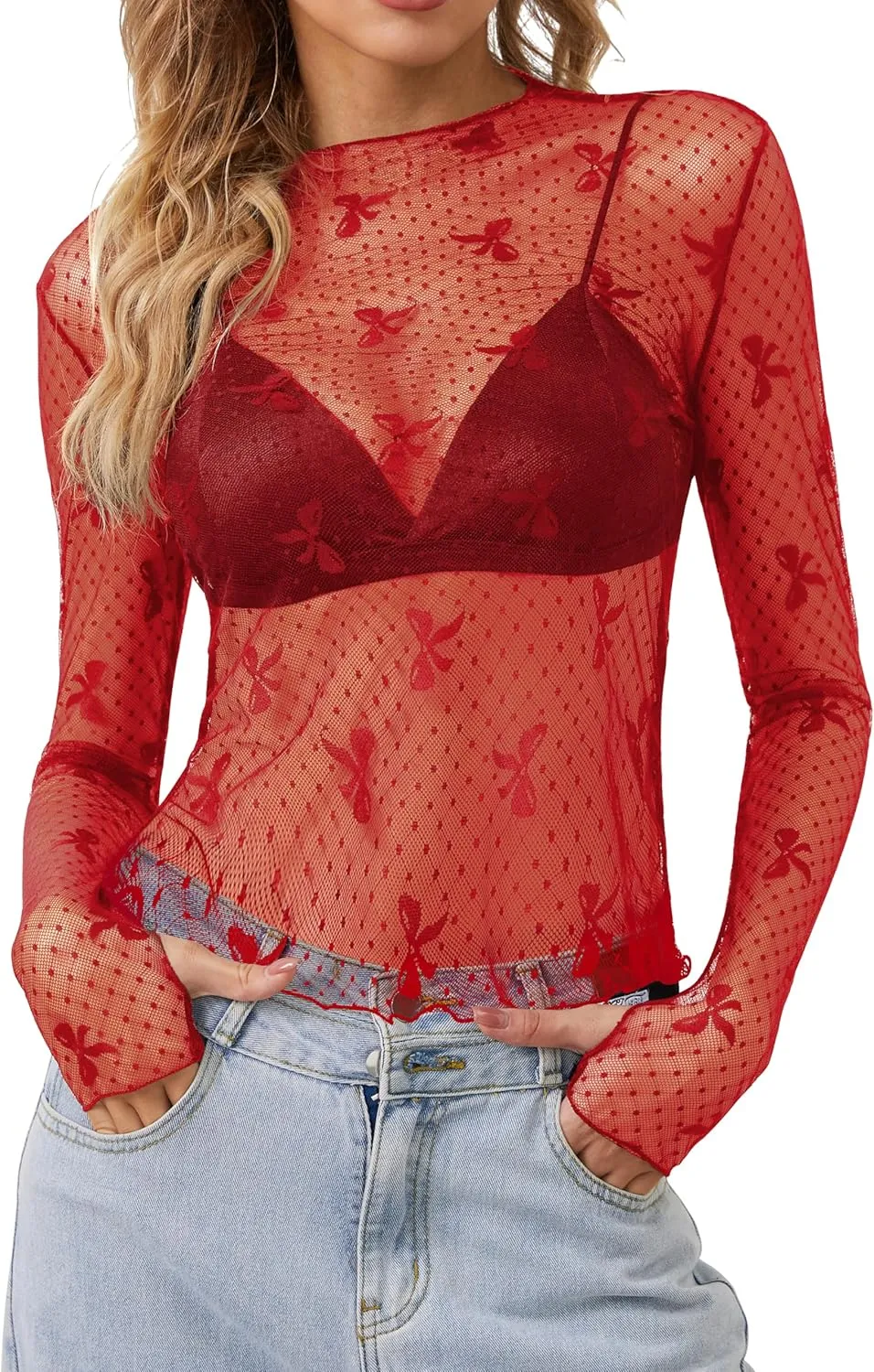 Lace Tops for Women Long Sleeve Sexy Mesh Top Going Out Dressy Sheer Top See Through
