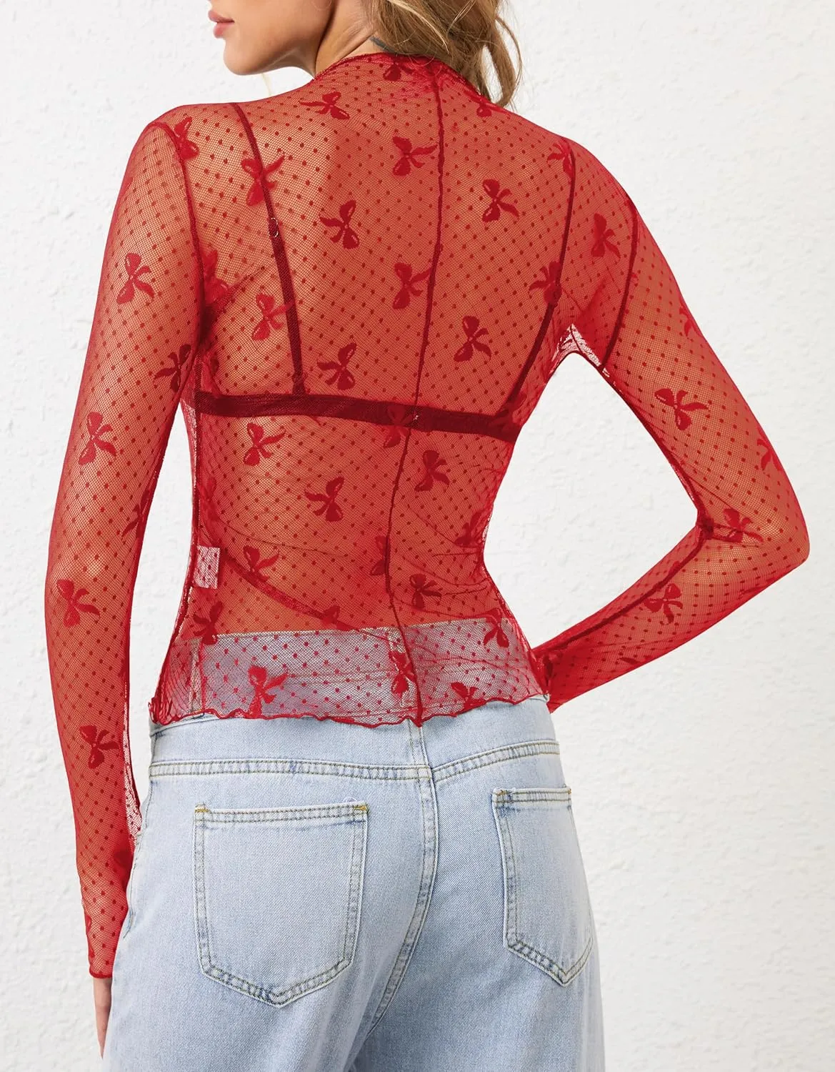 Lace Tops for Women Long Sleeve Sexy Mesh Top Going Out Dressy Sheer Top See Through