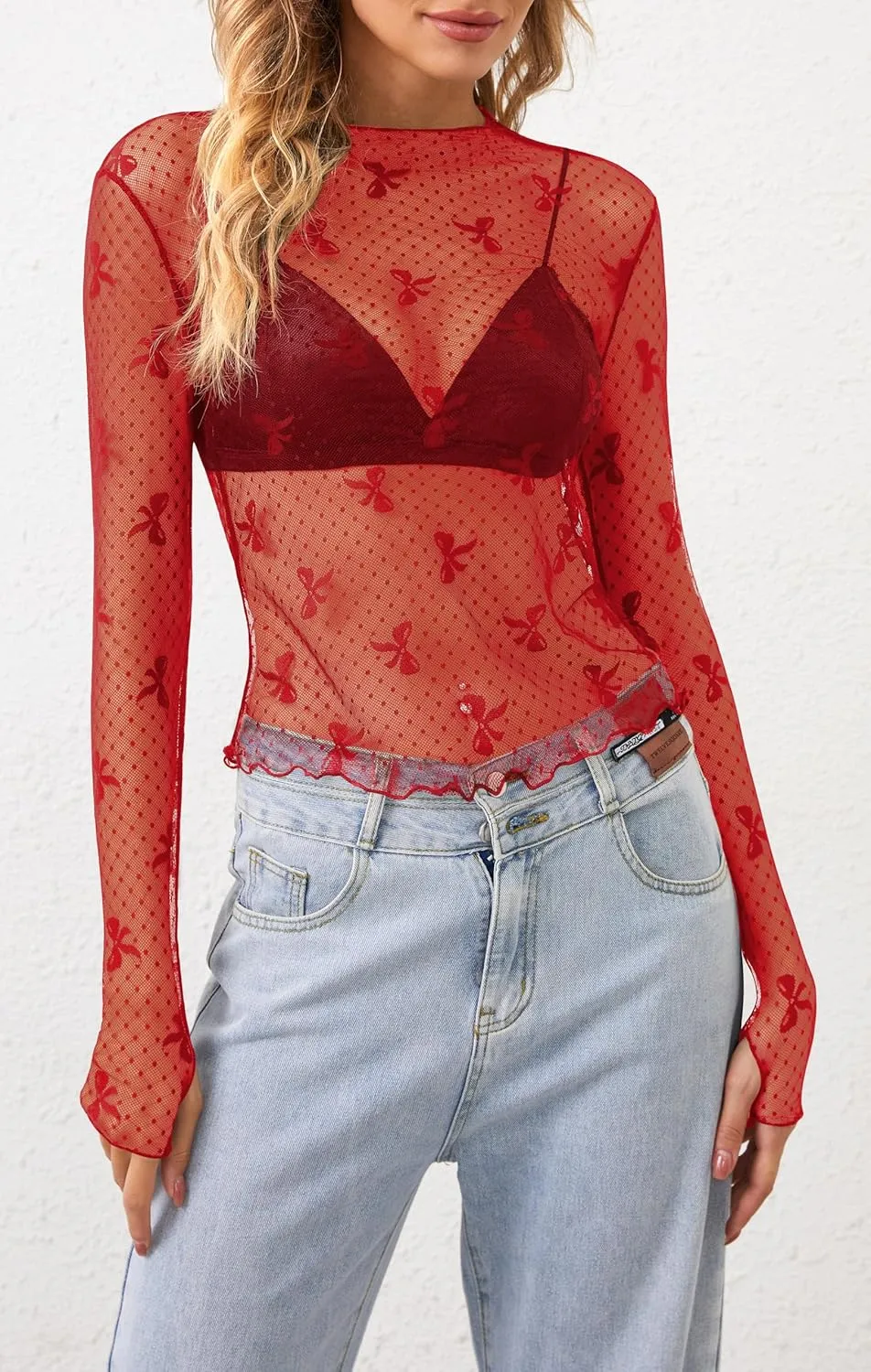 Lace Tops for Women Long Sleeve Sexy Mesh Top Going Out Dressy Sheer Top See Through