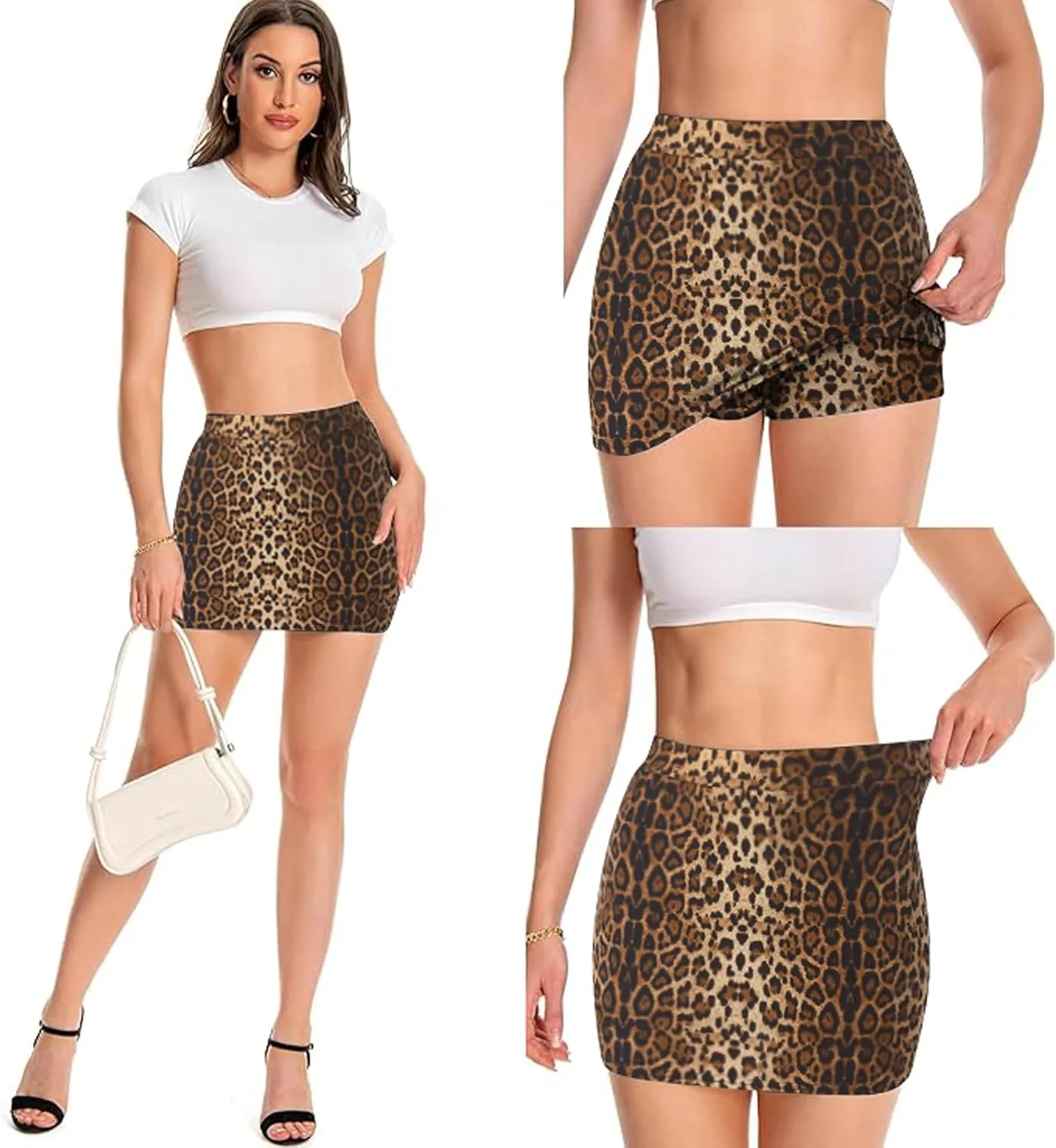 Leopard Cheetah Skirt with Shorts, Sexy Night Club High Waist Elastic Leopard Print Bodycon Mini Skirts for Women