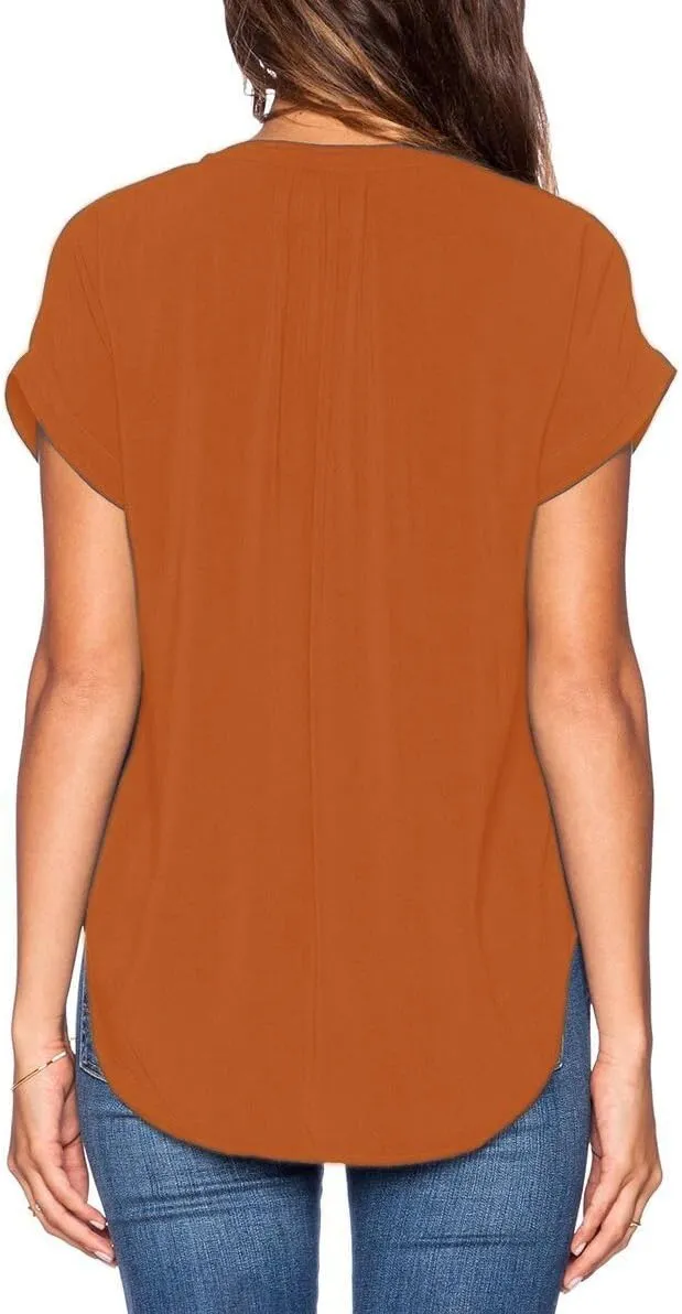 LILBETTER Women Chiffon Blouse V Neck Short Sleeve Top Shirts
