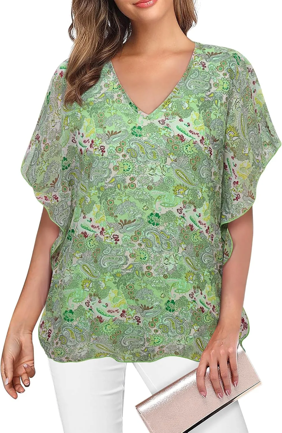 Lotusmile Women's Loose Flouncing Flutter Sleeve Double-Layered Shirt Chiffon Elegant Dressy Blouse Work Tops