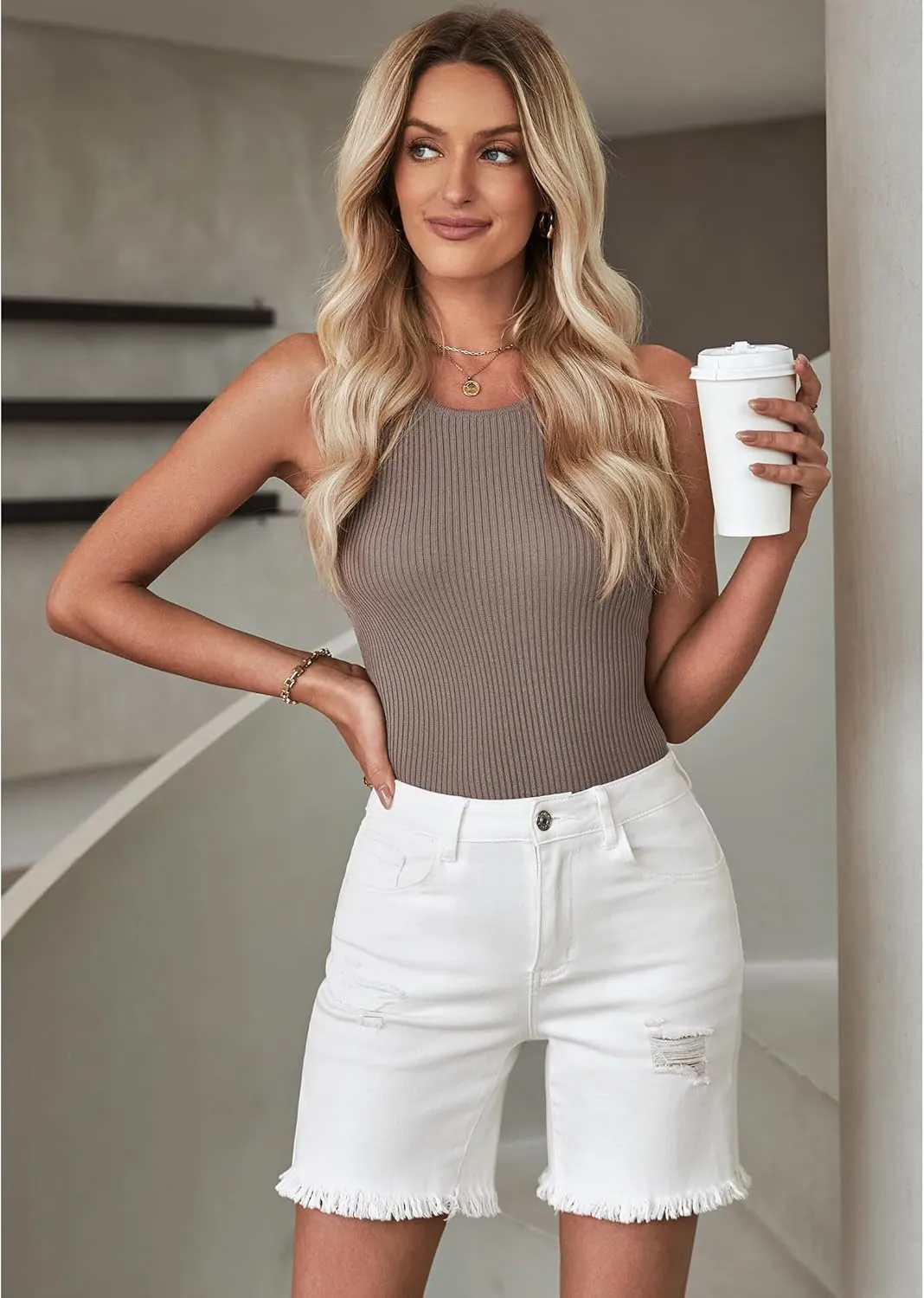 luvamia Jean Shorts for Women High Waisted Trendy Casual Distressed Stretchy Denim Long Shorts Ripped Raw Hem Shorts