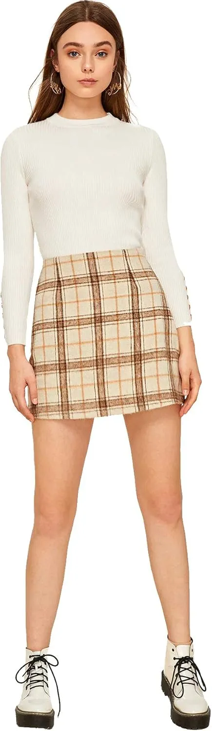 MakeMeChic Women's Plaid Skirt High Waisted Pencil Mini Skirt