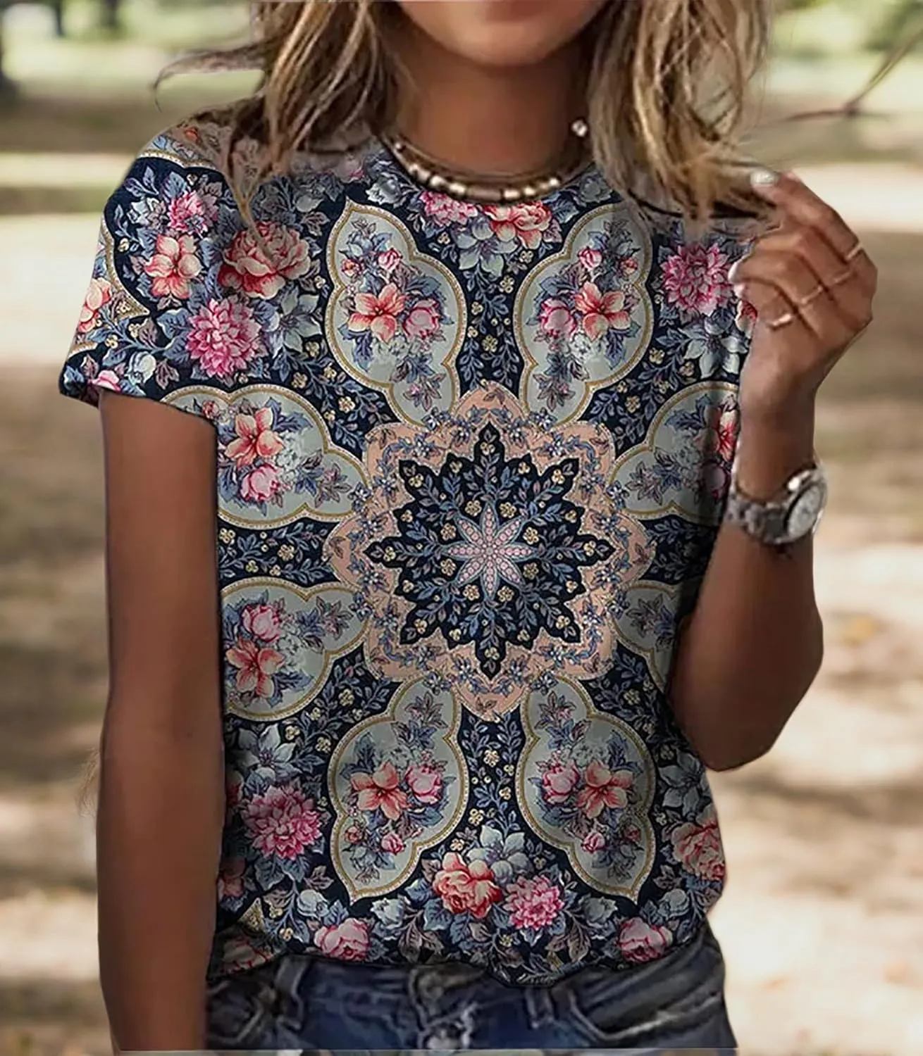 Mandala Shirt for Women Lotus Flower Graphic Tees Short Sleeve Casual Mandala T Shirts Tops