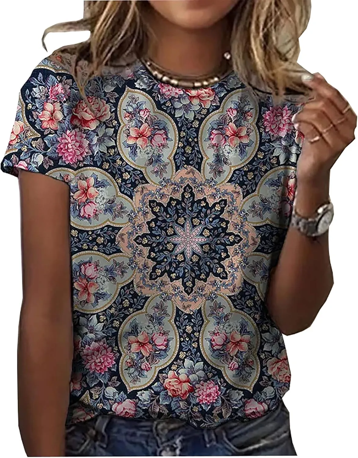 Mandala Shirt for Women Lotus Flower Graphic Tees Short Sleeve Casual Mandala T Shirts Tops
