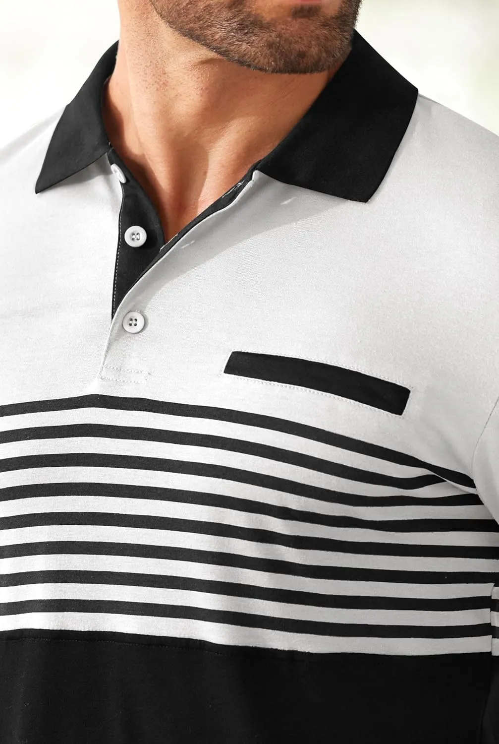Mens Color Block Golf Polo Shirts Long Sleeve Striped Casual Shirt (S-XXL)