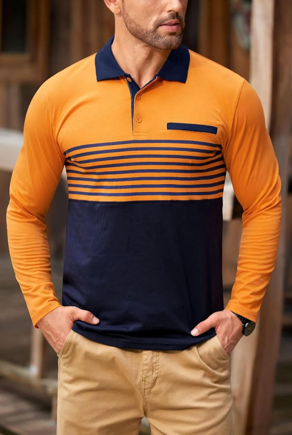 Mens Color Block Golf Polo Shirts Long Sleeve Striped Casual Shirt (S-XXL)