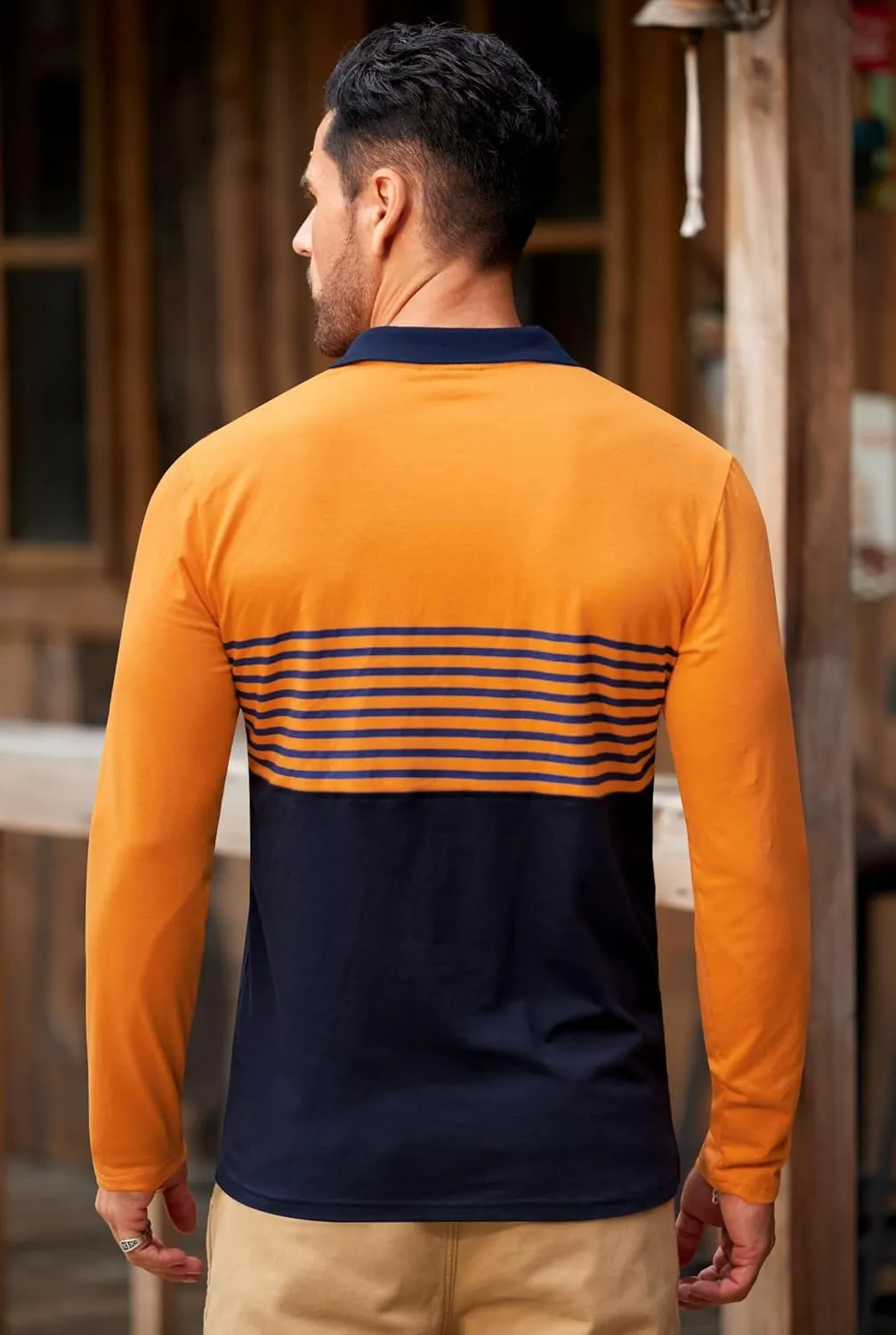 Mens Color Block Golf Polo Shirts Long Sleeve Striped Casual Shirt (S-XXL)