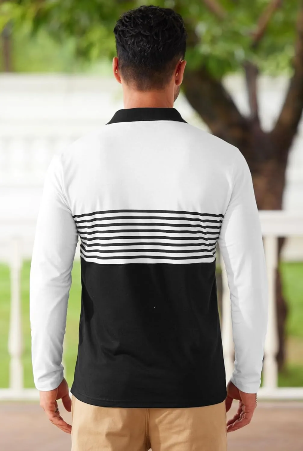 Mens Color Block Golf Polo Shirts Long Sleeve Striped Casual Shirt (S-XXL)