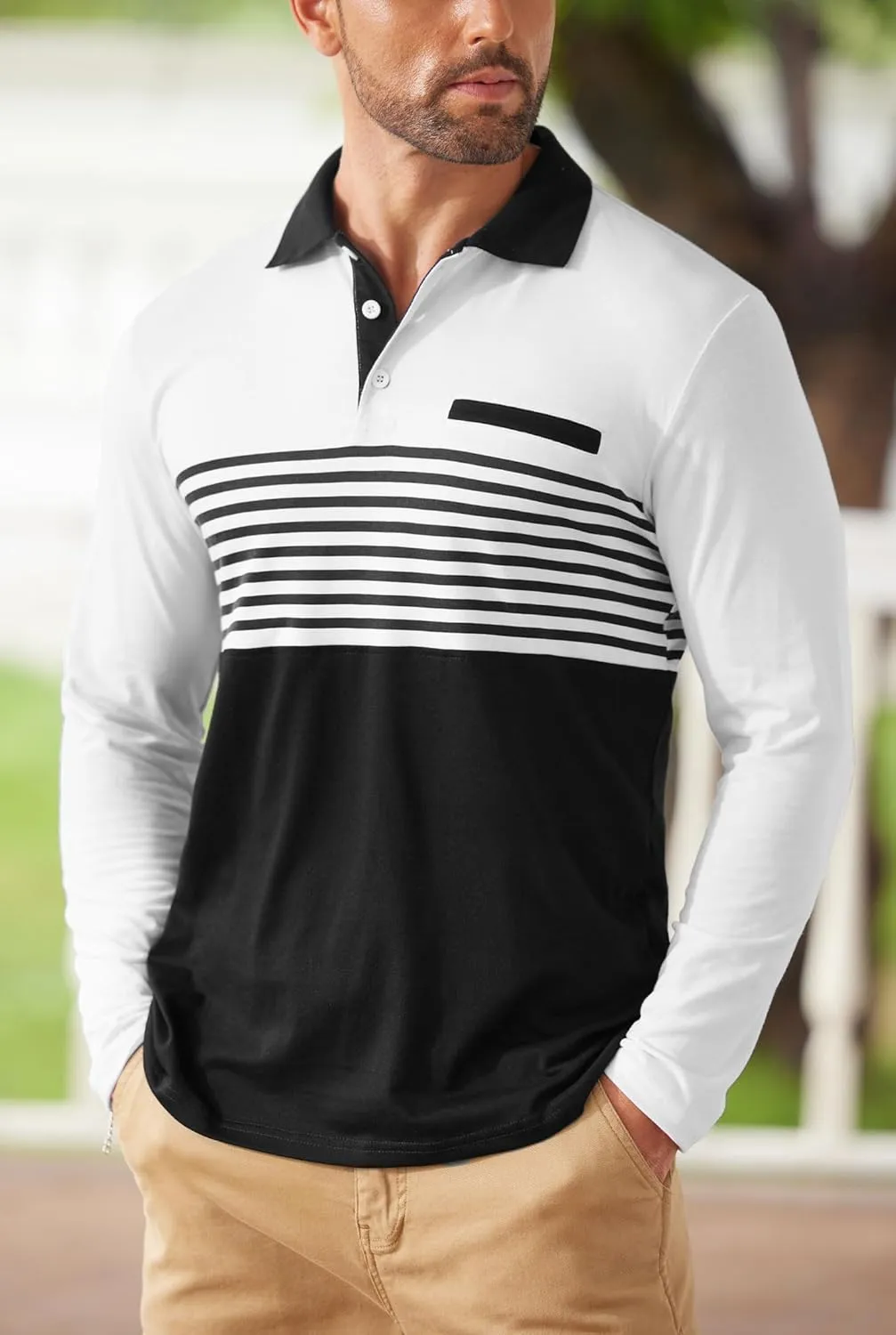 Mens Color Block Golf Polo Shirts Long Sleeve Striped Casual Shirt (S-XXL)