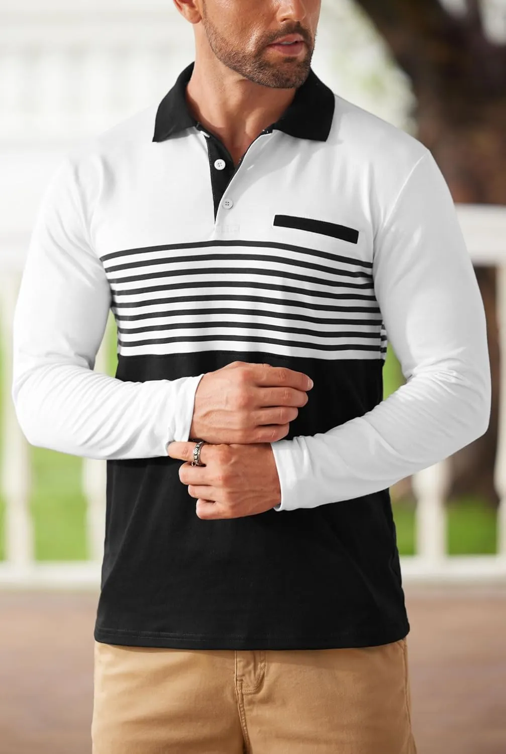 Mens Color Block Golf Polo Shirts Long Sleeve Striped Casual Shirt (S-XXL)