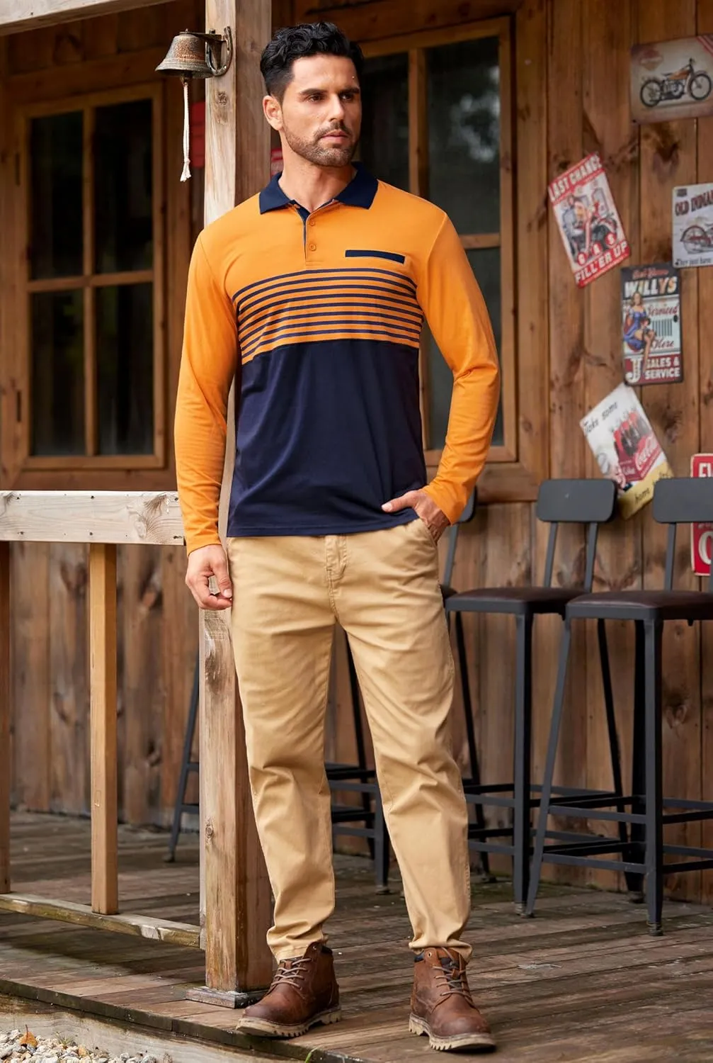 Mens Color Block Golf Polo Shirts Long Sleeve Striped Casual Shirt (S-XXL)