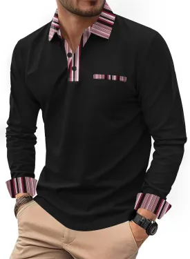 Mens Color Block Golf Polo Shirts Long Sleeve Striped Casual Shirt (S-XXL)