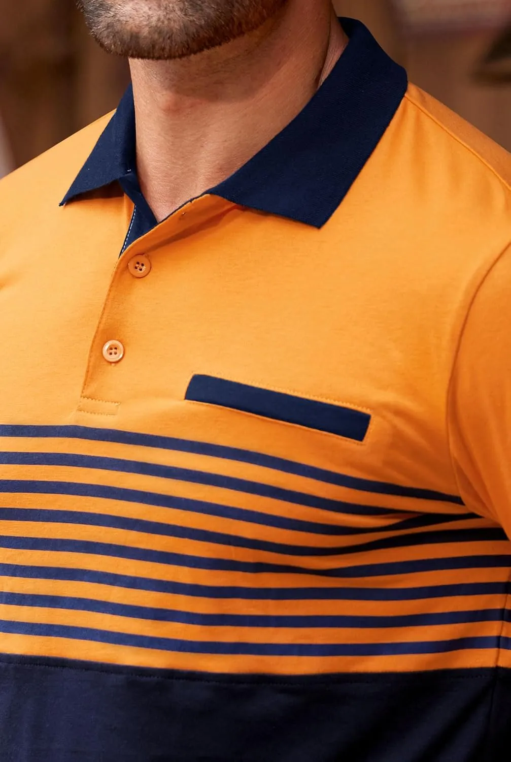 Mens Color Block Golf Polo Shirts Long Sleeve Striped Casual Shirt (S-XXL)