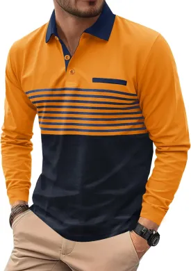 Mens Color Block Golf Polo Shirts Long Sleeve Striped Casual Shirt (S-XXL)