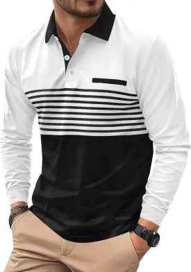 Mens Color Block Golf Polo Shirts Long Sleeve Striped Casual Shirt (S-XXL)