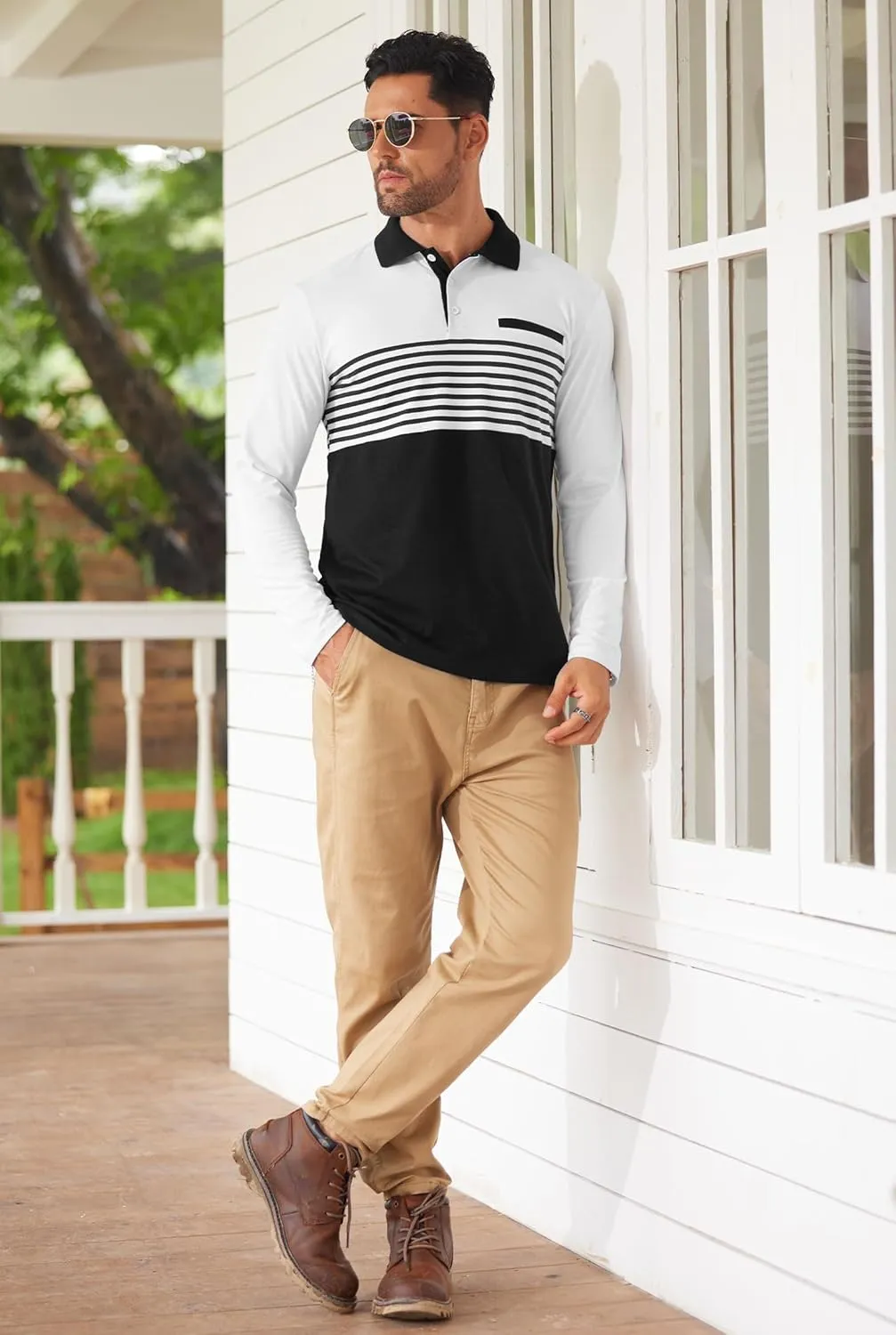 Mens Color Block Golf Polo Shirts Long Sleeve Striped Casual Shirt (S-XXL)