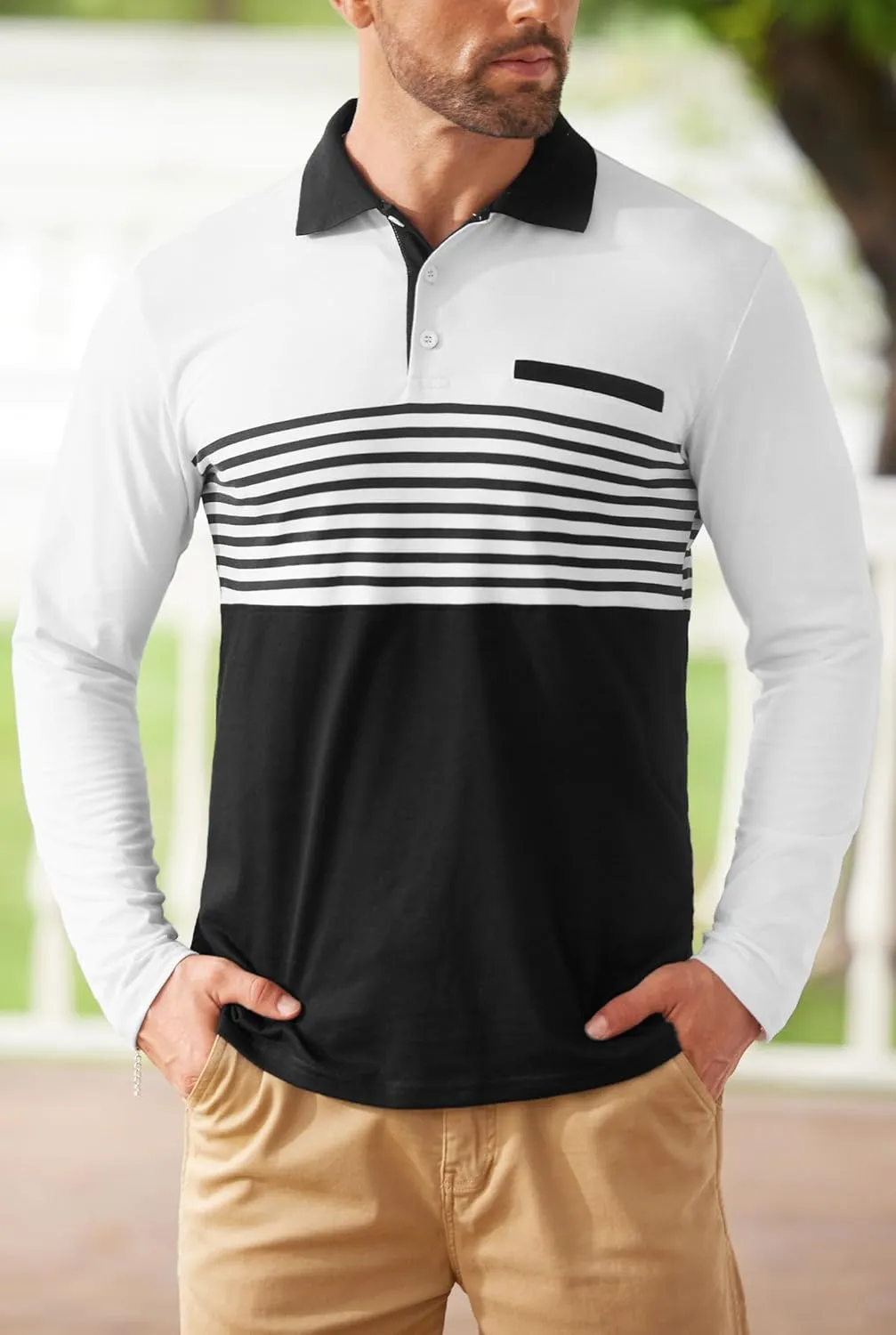 Mens Color Block Golf Polo Shirts Long Sleeve Striped Casual Shirt (S-XXL)