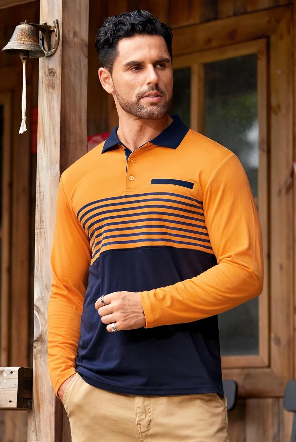 Mens Color Block Golf Polo Shirts Long Sleeve Striped Casual Shirt (S-XXL)