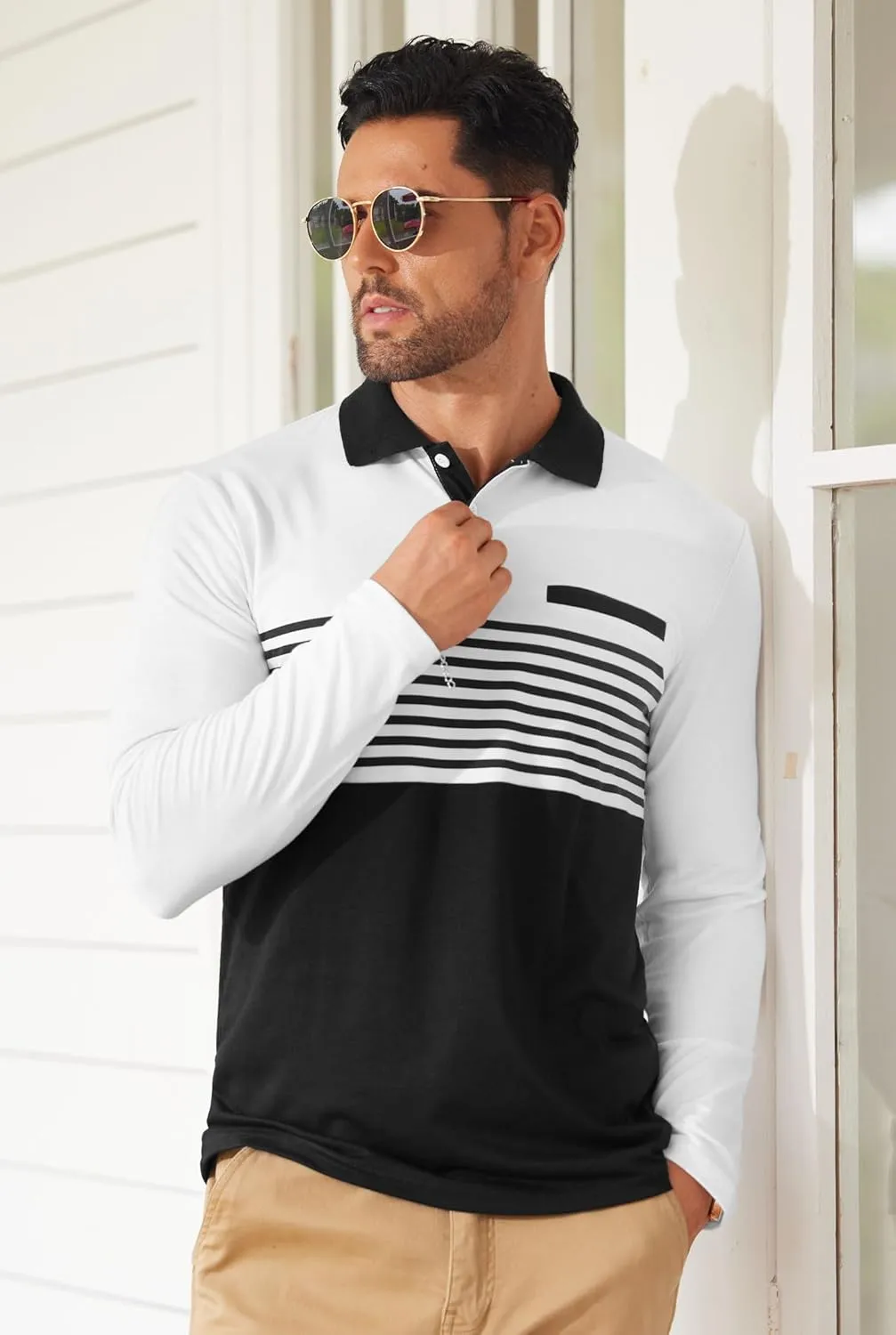 Mens Color Block Golf Polo Shirts Long Sleeve Striped Casual Shirt (S-XXL)