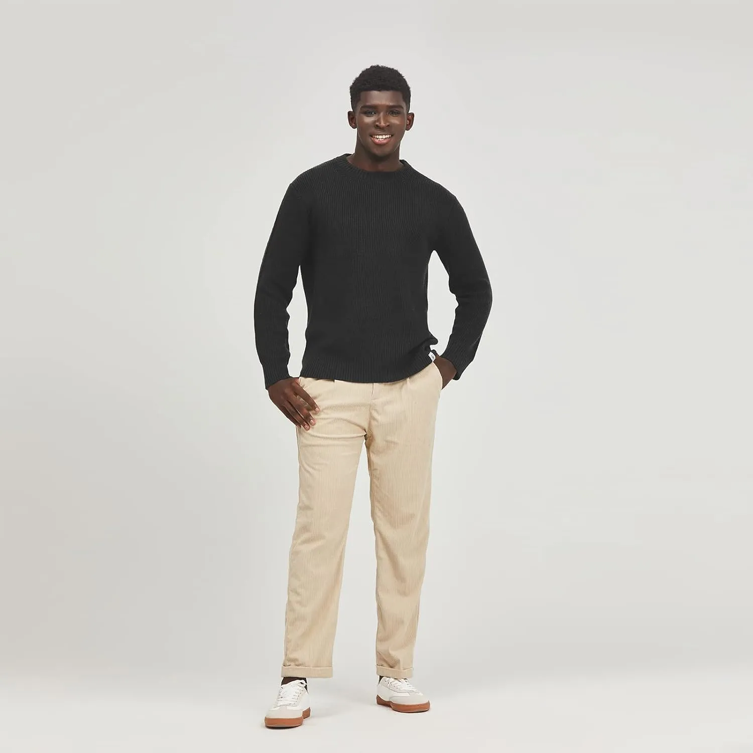 Men's Polyana Cashmere Essentials Crewneck Pullover Waffle Sweater Ribbed Knit with Long Sleeve