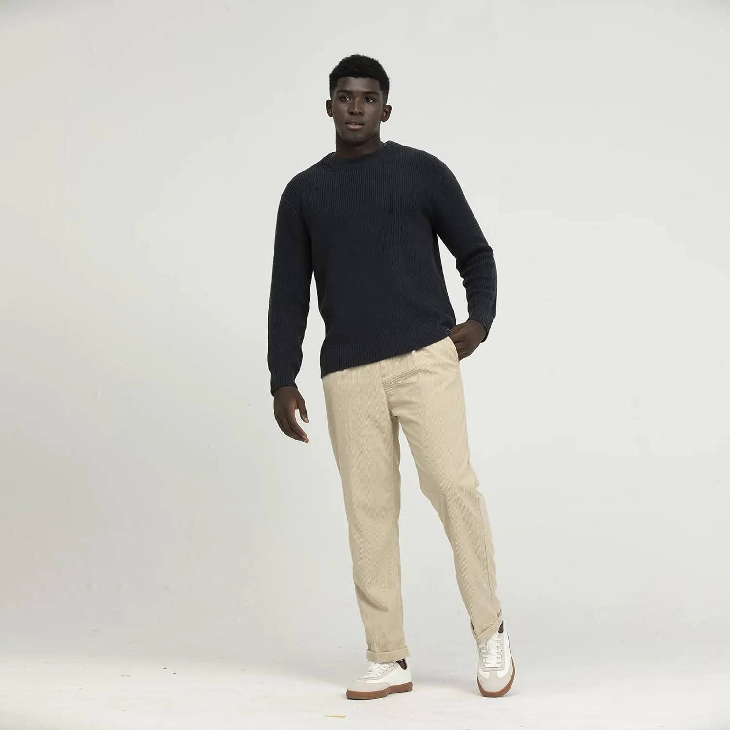 Men's Polyana Cashmere Essentials Crewneck Pullover Waffle Sweater Ribbed Knit with Long Sleeve