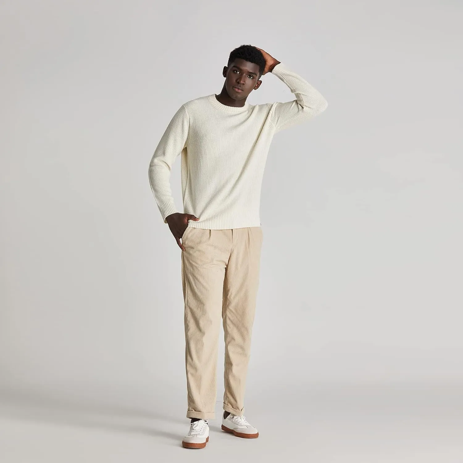 Men's Polyana Cashmere Essentials Crewneck Pullover Waffle Sweater Ribbed Knit with Long Sleeve