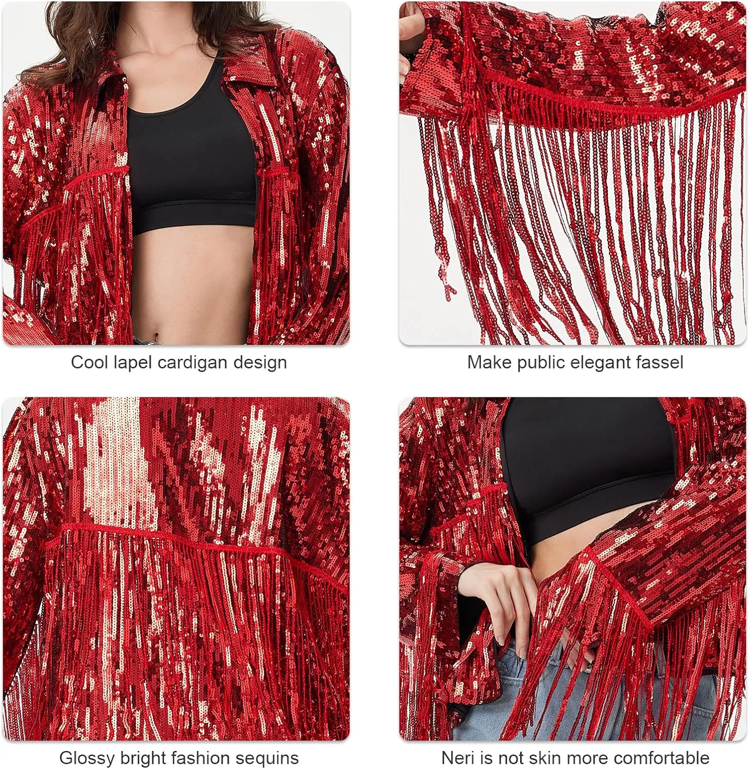 MISI CHAO Sequin Fringe Jacket Shiny Disco Cowgirl Outfit Theme Y2K 90s Streetwear Jacket Glitter Tassel Coat