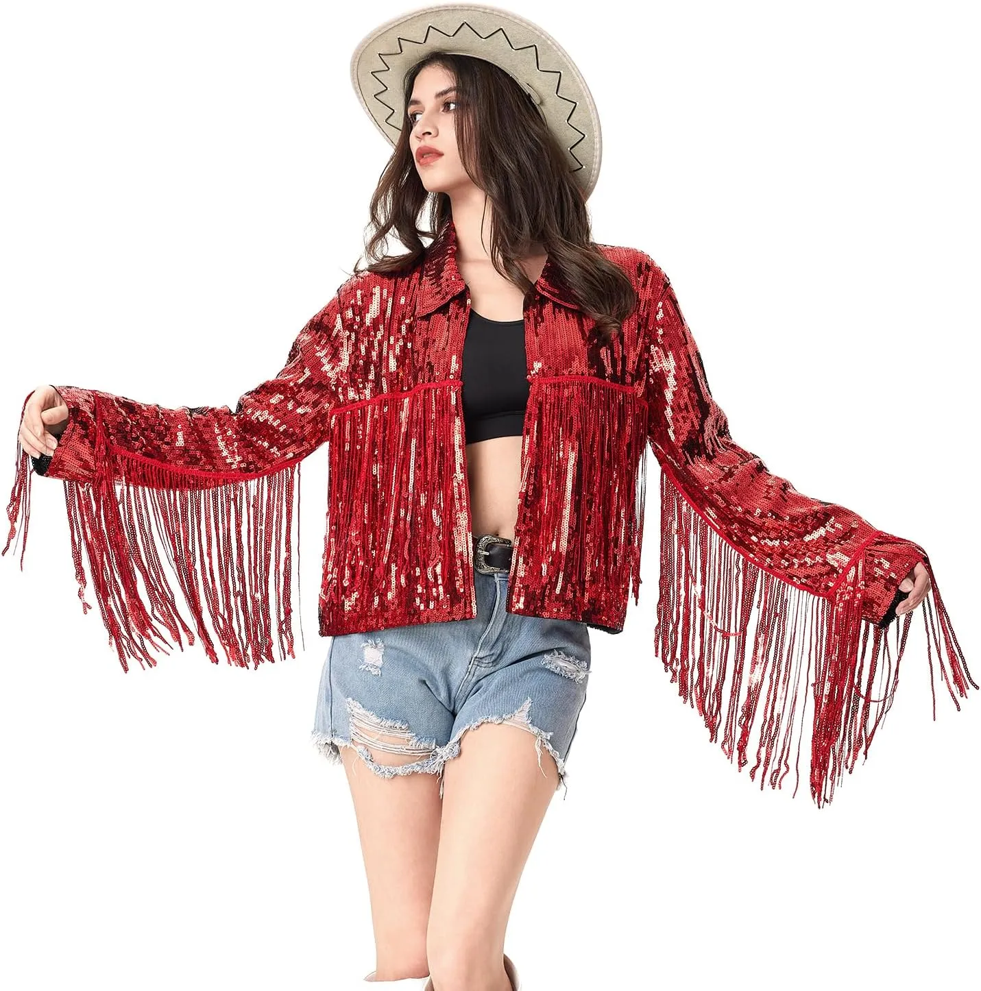 MISI CHAO Sequin Fringe Jacket Shiny Disco Cowgirl Outfit Theme Y2K 90s Streetwear Jacket Glitter Tassel Coat
