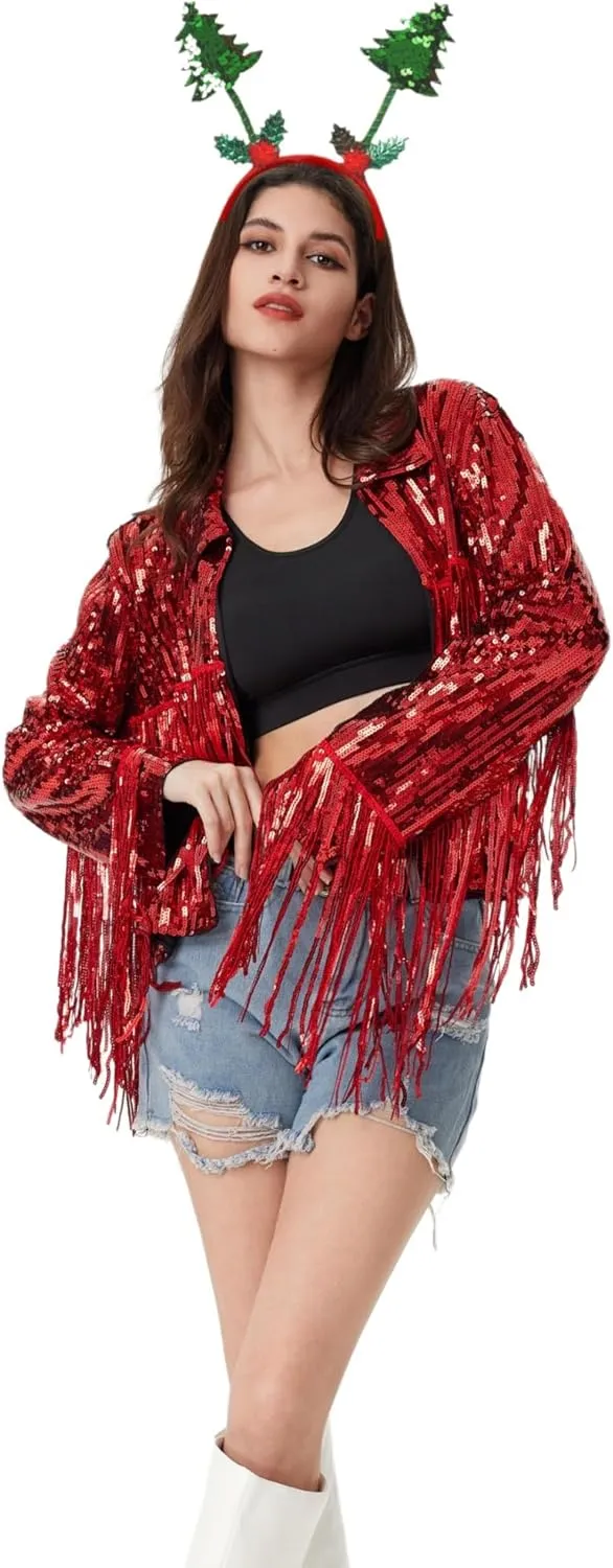 MISI CHAO Sequin Fringe Jacket Shiny Disco Cowgirl Outfit Theme Y2K 90s Streetwear Jacket Glitter Tassel Coat