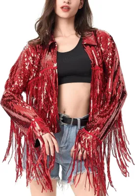 MISI CHAO Sequin Fringe Jacket Shiny Disco Cowgirl Outfit Theme Y2K 90s Streetwear Jacket Glitter Tassel Coat