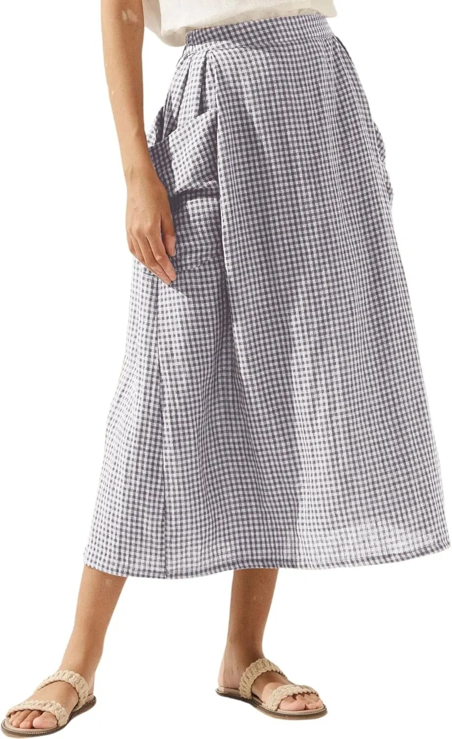 MISSACTIVER Plaid Skirts for Women Elastic Waist Midi Skirt with Pockets Vintage Flowy Gingham Long Skirt