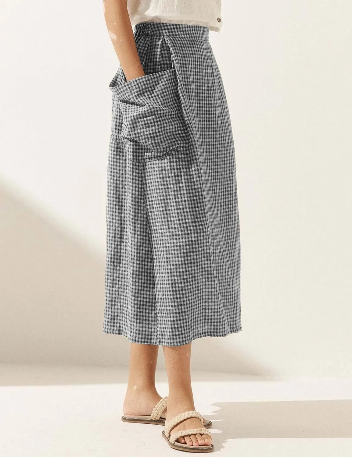 MISSACTIVER Plaid Skirts for Women Elastic Waist Midi Skirt with Pockets Vintage Flowy Gingham Long Skirt