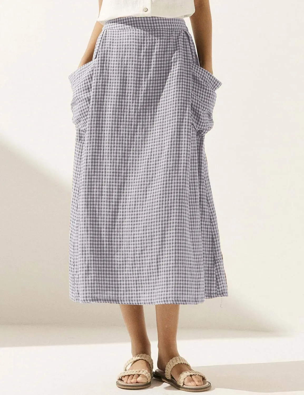 MISSACTIVER Plaid Skirts for Women Elastic Waist Midi Skirt with Pockets Vintage Flowy Gingham Long Skirt