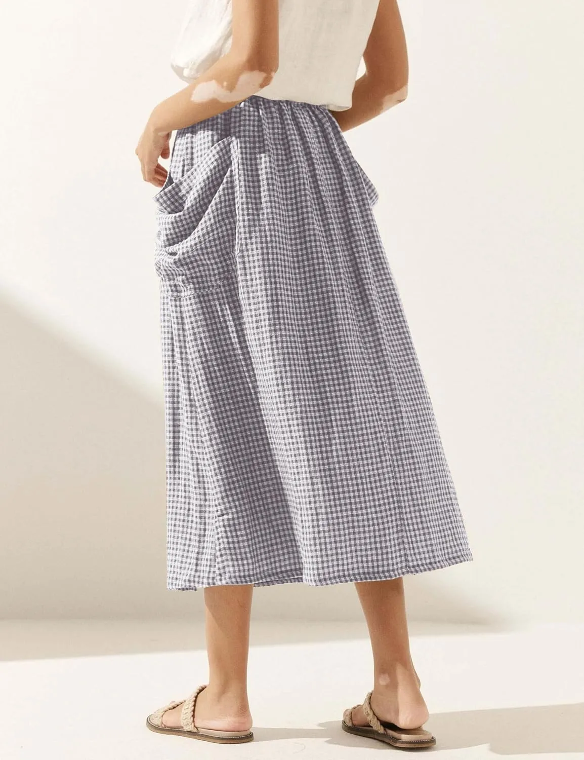 MISSACTIVER Plaid Skirts for Women Elastic Waist Midi Skirt with Pockets Vintage Flowy Gingham Long Skirt