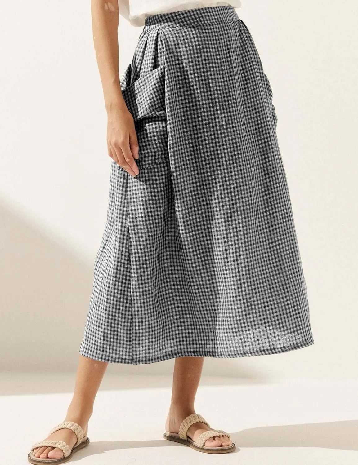 MISSACTIVER Plaid Skirts for Women Elastic Waist Midi Skirt with Pockets Vintage Flowy Gingham Long Skirt