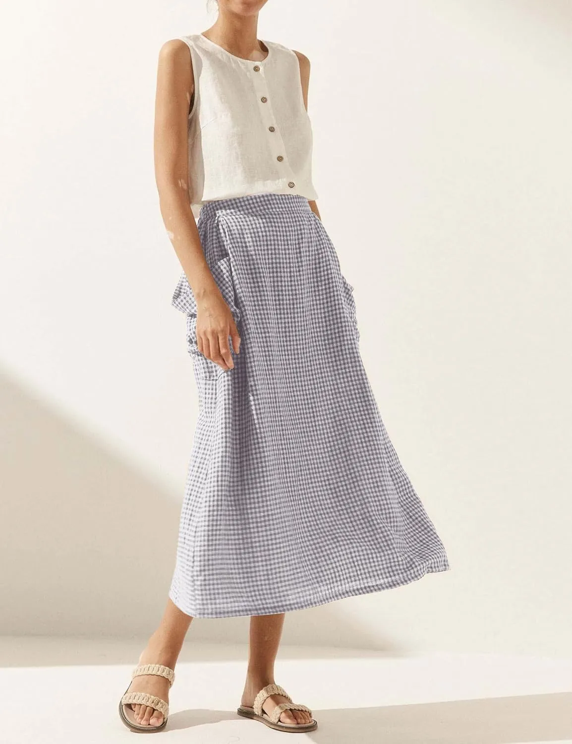 MISSACTIVER Plaid Skirts for Women Elastic Waist Midi Skirt with Pockets Vintage Flowy Gingham Long Skirt
