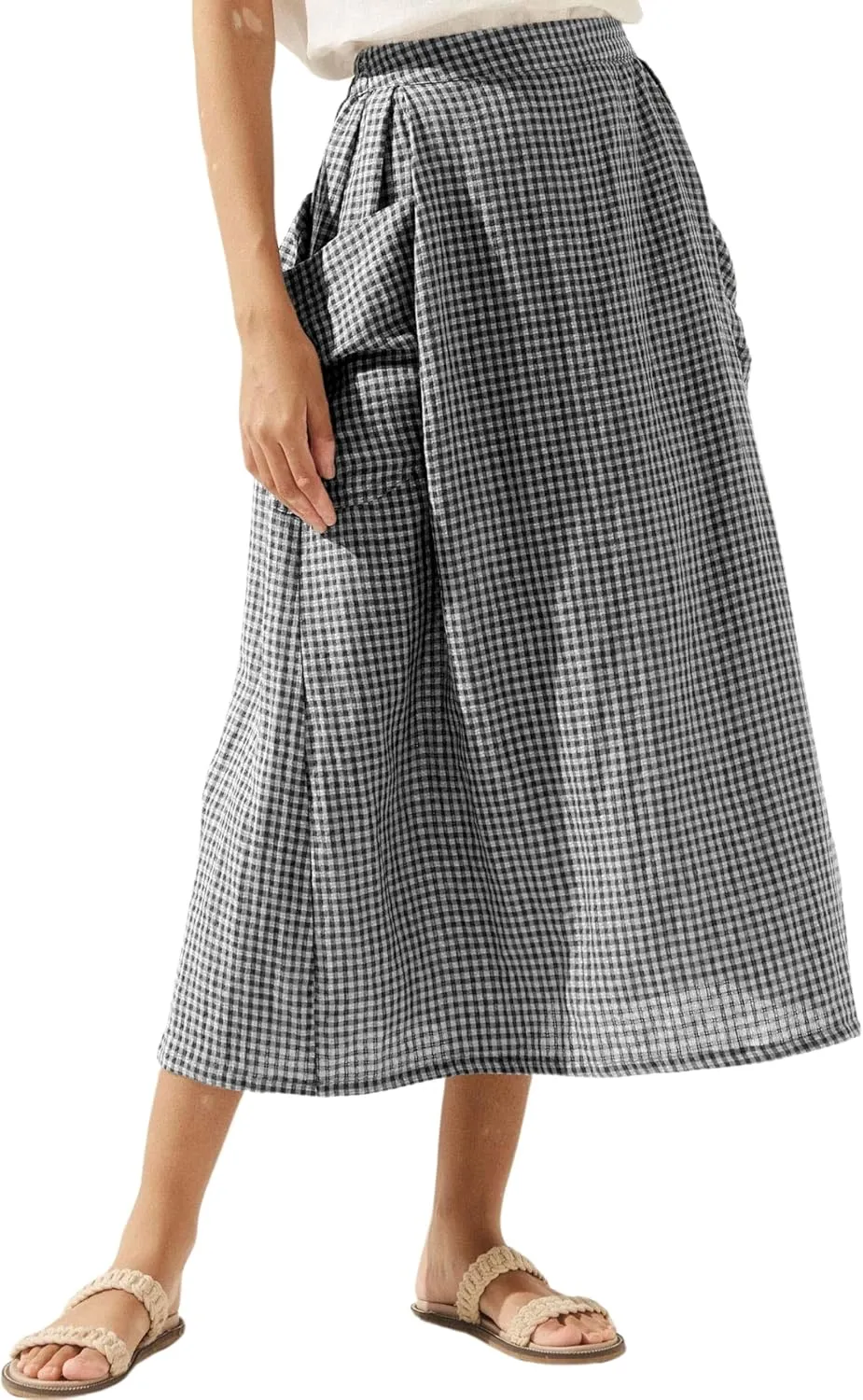 MISSACTIVER Plaid Skirts for Women Elastic Waist Midi Skirt with Pockets Vintage Flowy Gingham Long Skirt