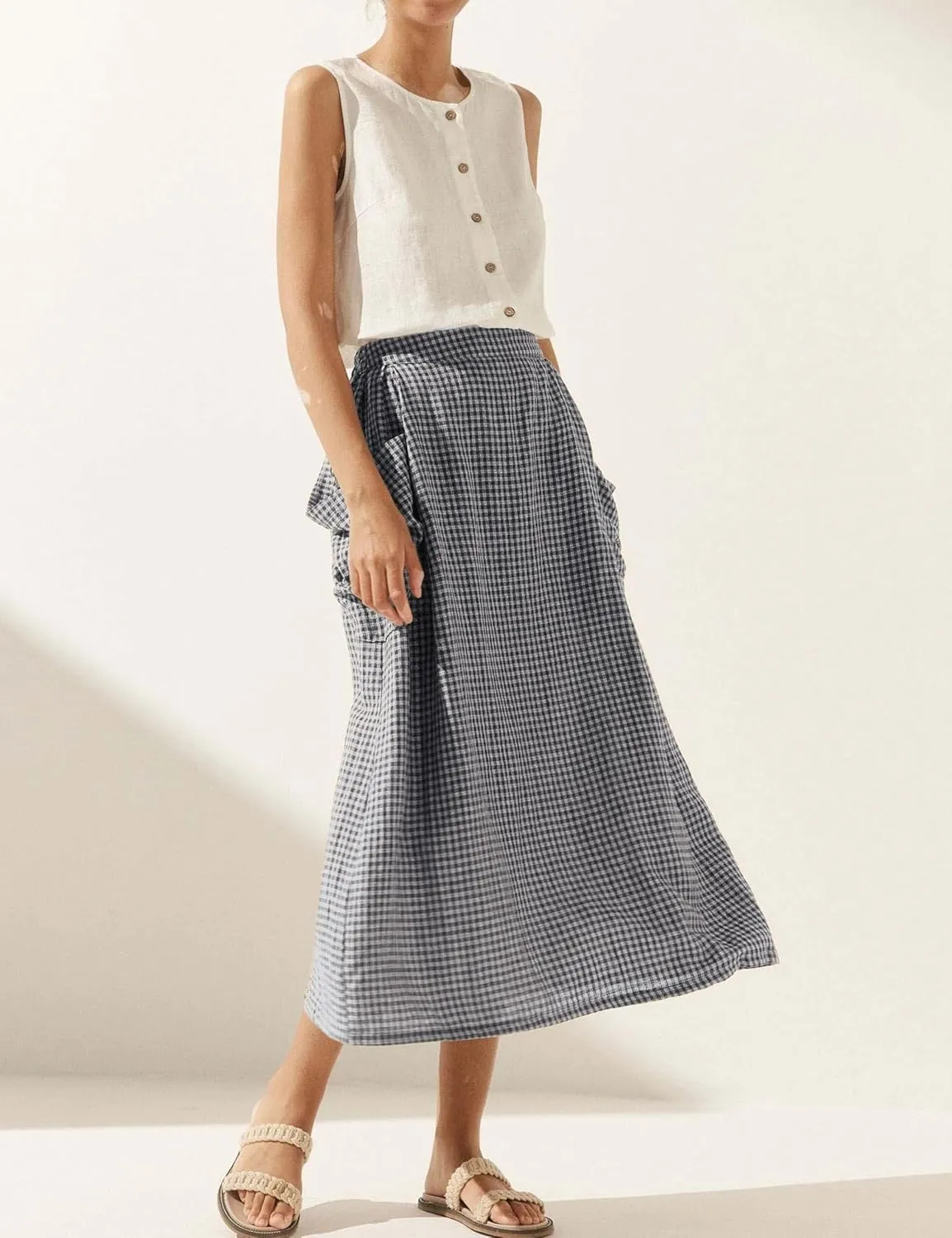 MISSACTIVER Plaid Skirts for Women Elastic Waist Midi Skirt with Pockets Vintage Flowy Gingham Long Skirt